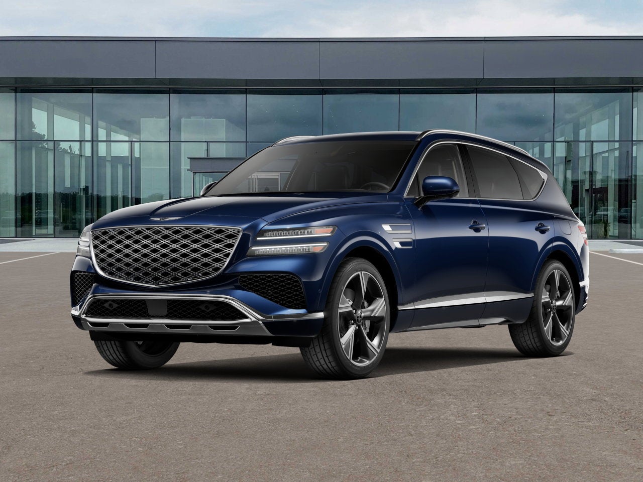 2026 Genesis GV80 3.5T PRESTIGE in Capri Blue — front three-quarter view